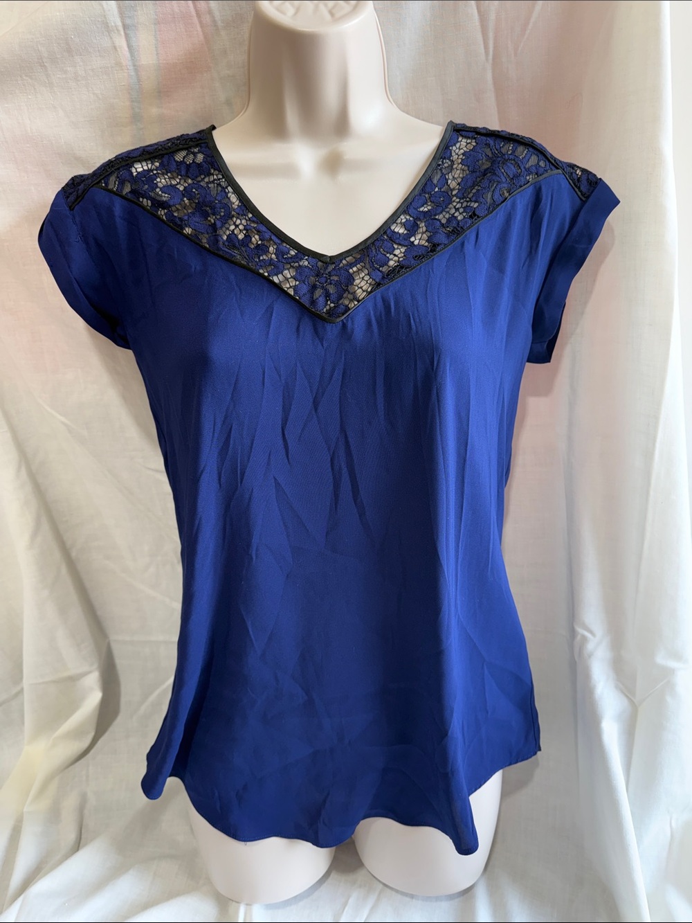 Express Women's Royal Blue Lace-Trim V-Neck Top